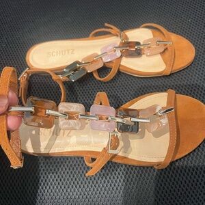 SCHUTZ Women's Tan Sandals with Pink and Brown Accents sz 6